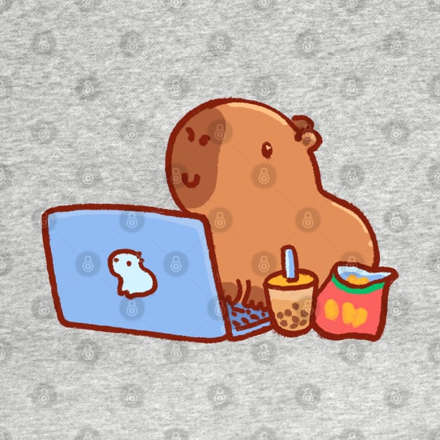 Capybara on a laptop with snacks and drink by Tinyarts